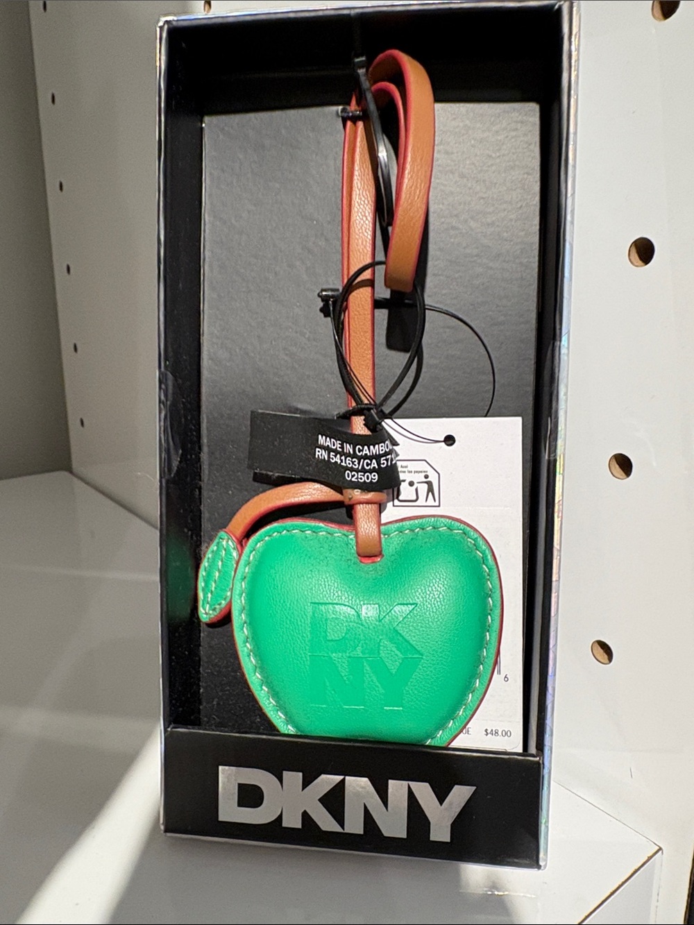 DKNY Green Apple Leather Bag Charm with Tan Strap